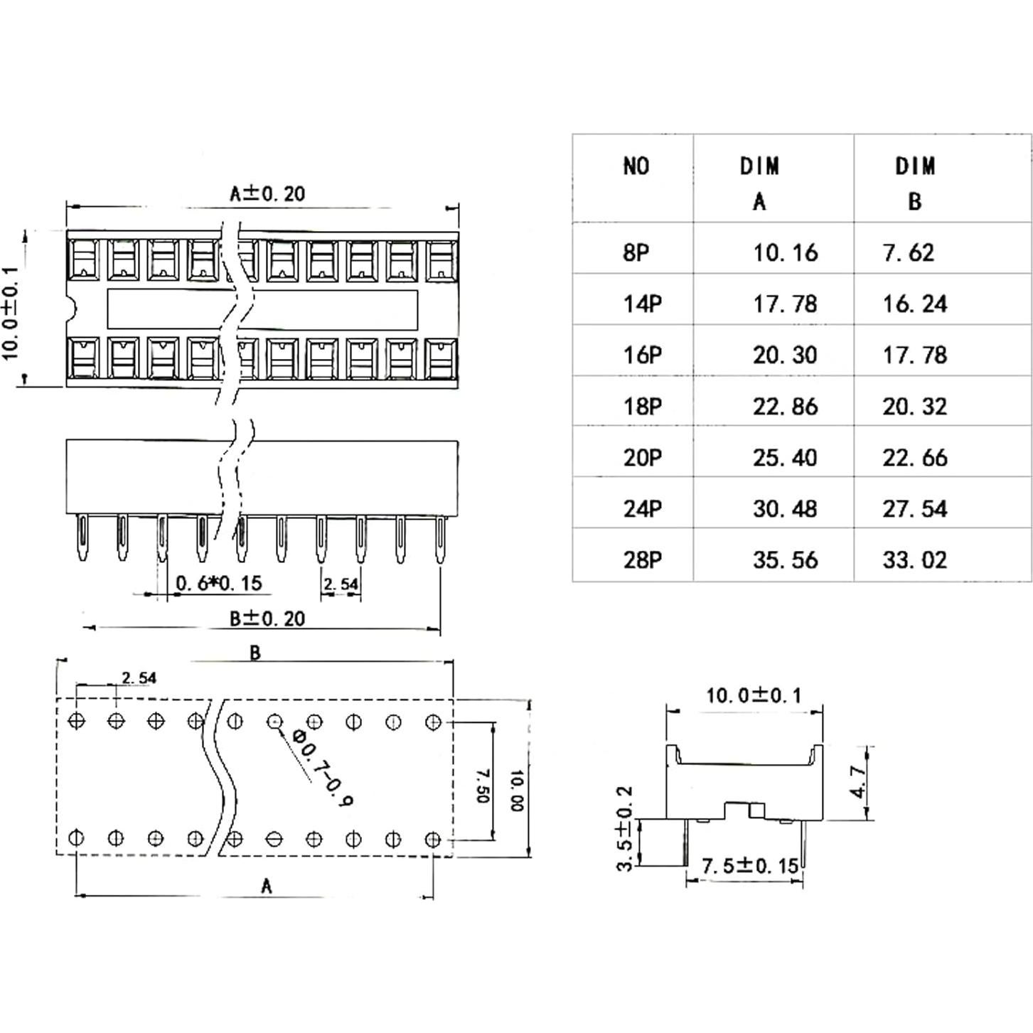 8 Pcs Zócalo IC DIP 40P JESSINIE 2.54mm 15mm Distancia