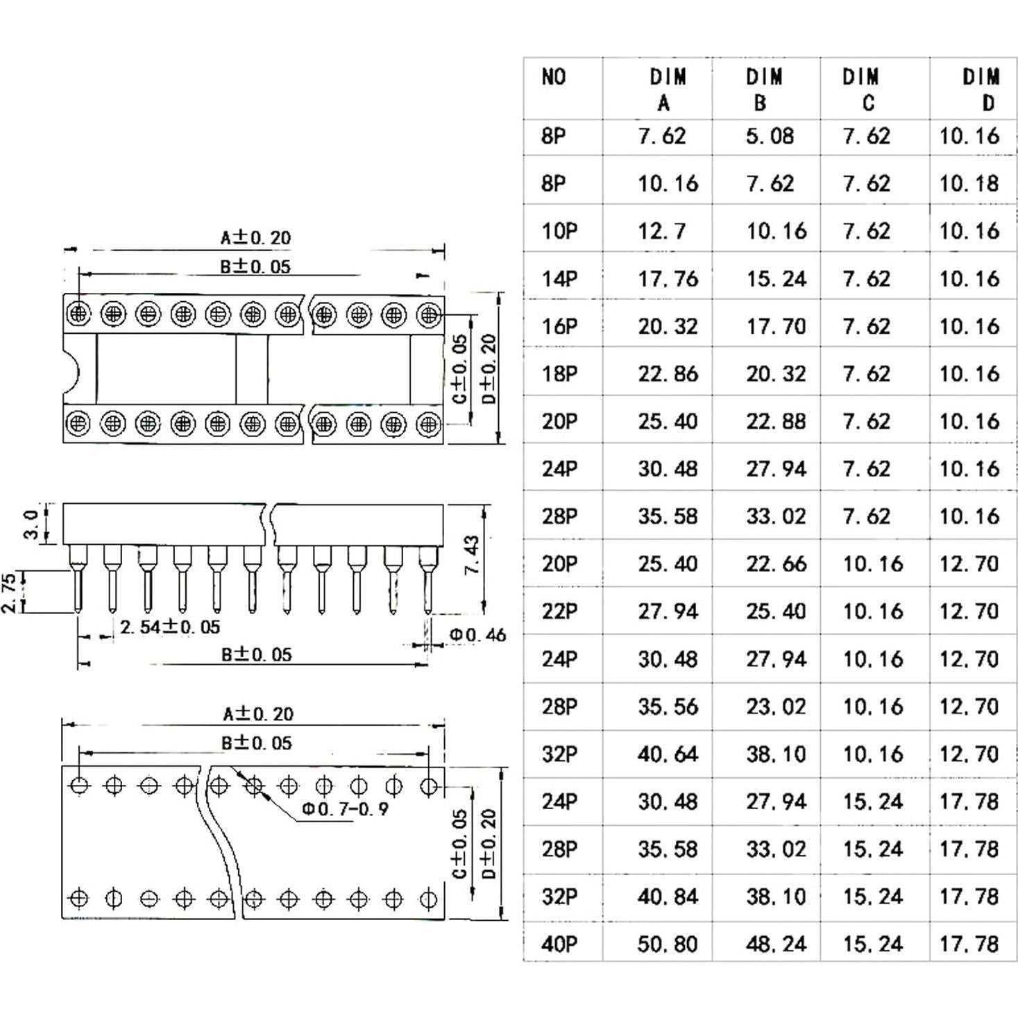 8 Pcs Zócalo IC DIP 40P JESSINIE 2.54mm 15mm Distancia