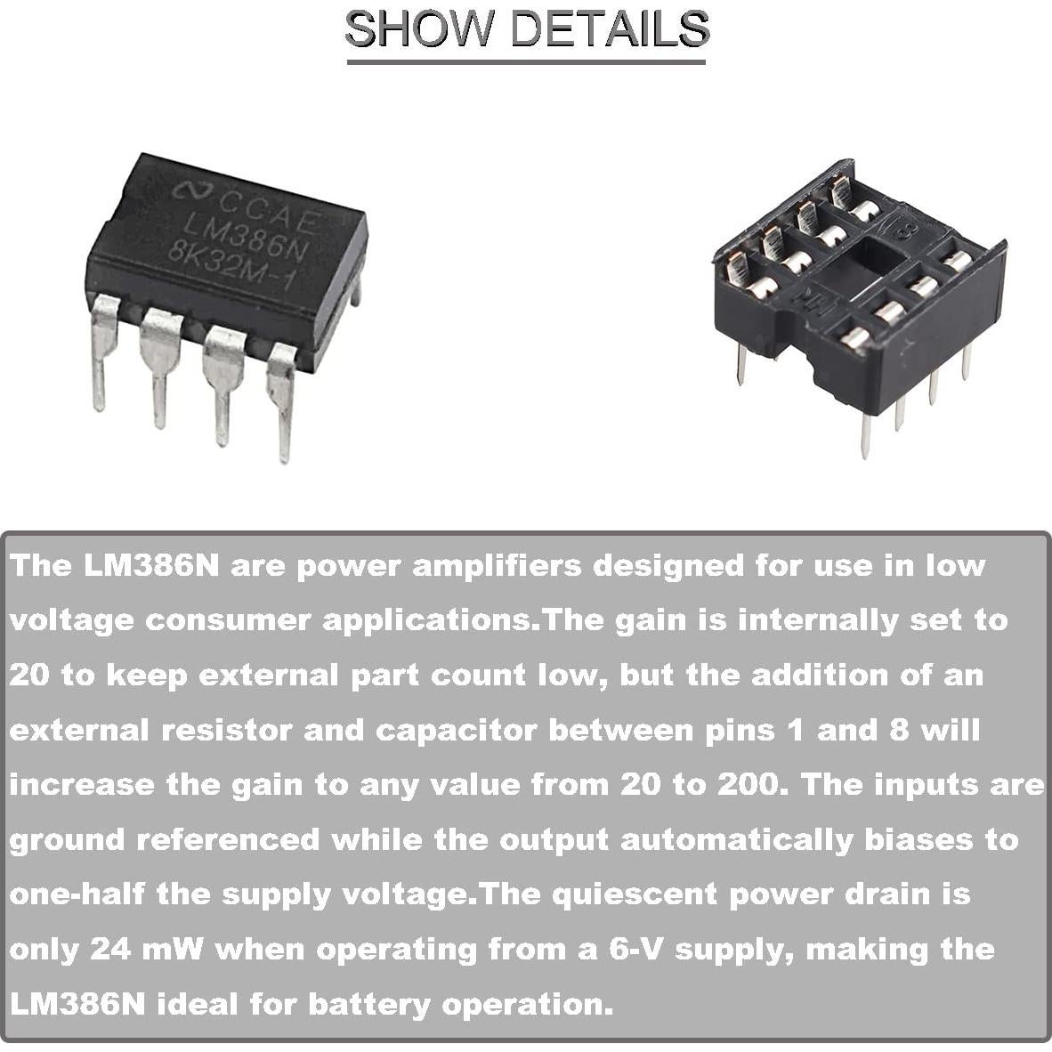 20 Pcs Amplificador de Audio LM386N + Zócalo DIP-8 DKARDU