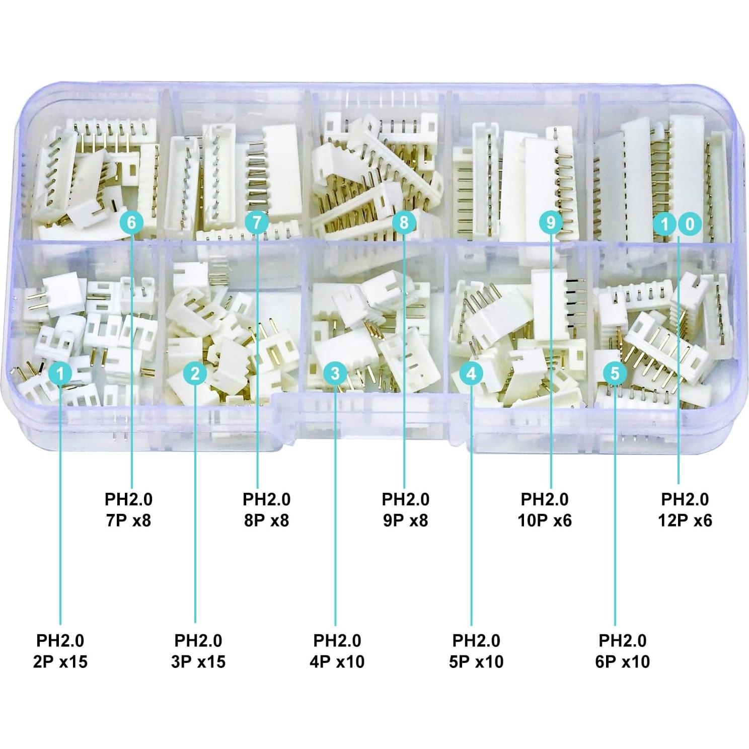 Kit de Conectores DIP JST PH2.0 96Pcs 2-12 Pin Vertical