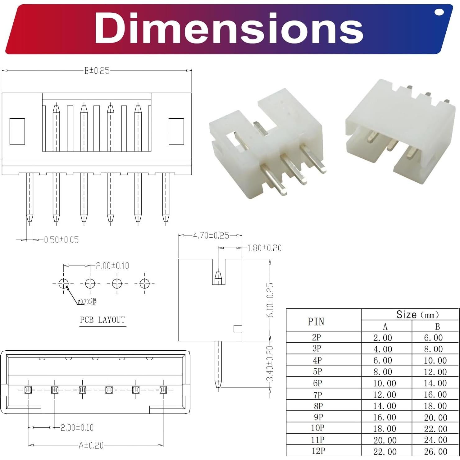 Kit de Conectores DIP JST PH2.0 96Pcs 2-12 Pin Vertical
