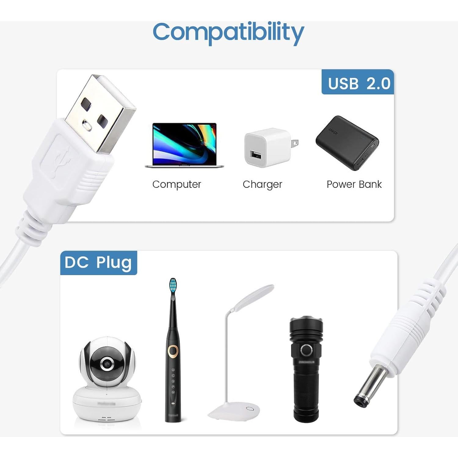 Paquete de 5 Cables de Alimentación DC 5V USB a Barrel 3.5x1.35mm