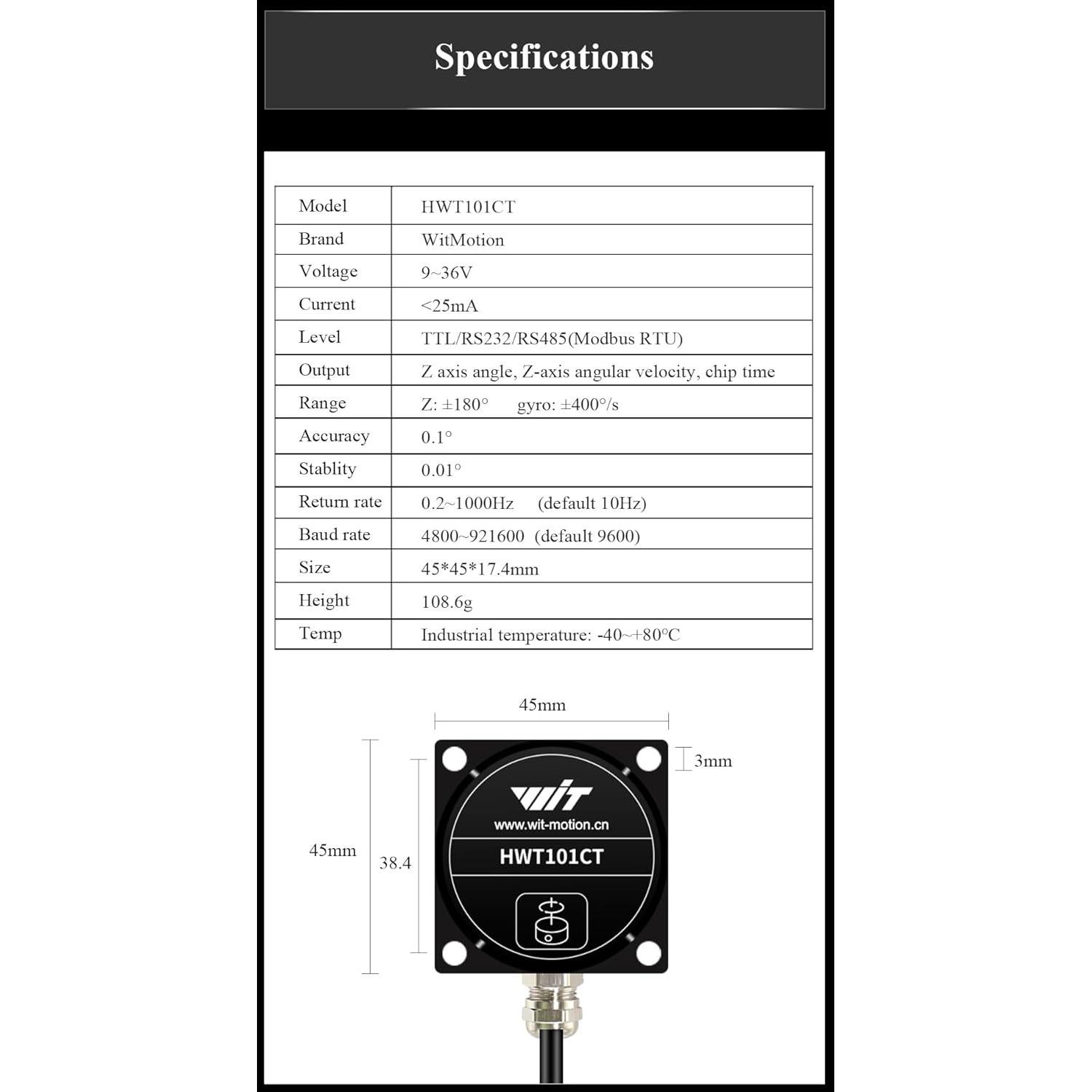 Inclinómetro Industrial HWT101CT IP68 0.1° Z-Eje WitMotion