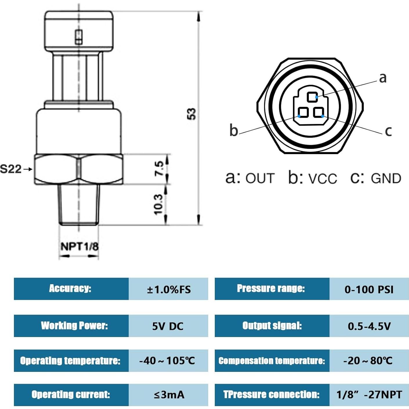 Transductor de Presión FUSCH 100 PSI Sensor Acero Inoxidable
