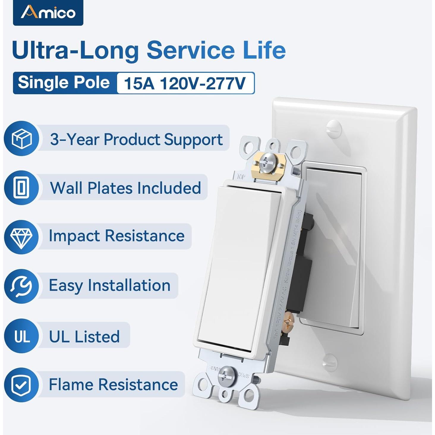 Paquete de 30 Interruptores de Luz Amico Polo Único Blanco 15A