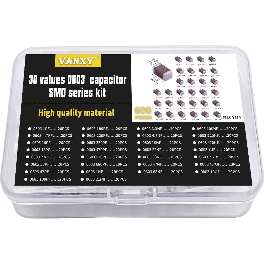 Kits de Capacitores SMD 0603 VANXY 600Pcs 1pF-10μF