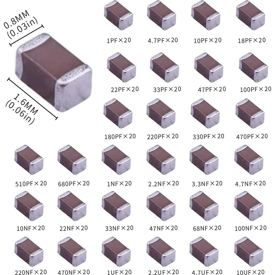 Kits de Capacitores SMD 0603 VANXY 600Pcs 1pF-10μF