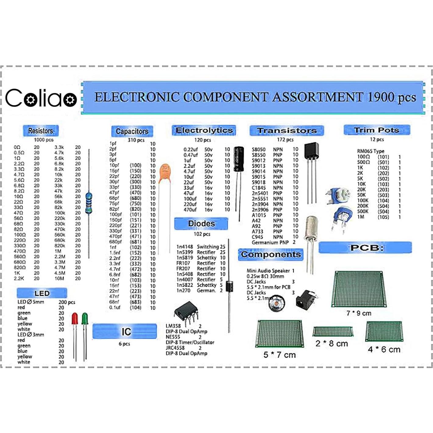 Kit de Componentes Electrónicos 1900pcs Coliao - Diodos, Resistencias, Capacitores y más