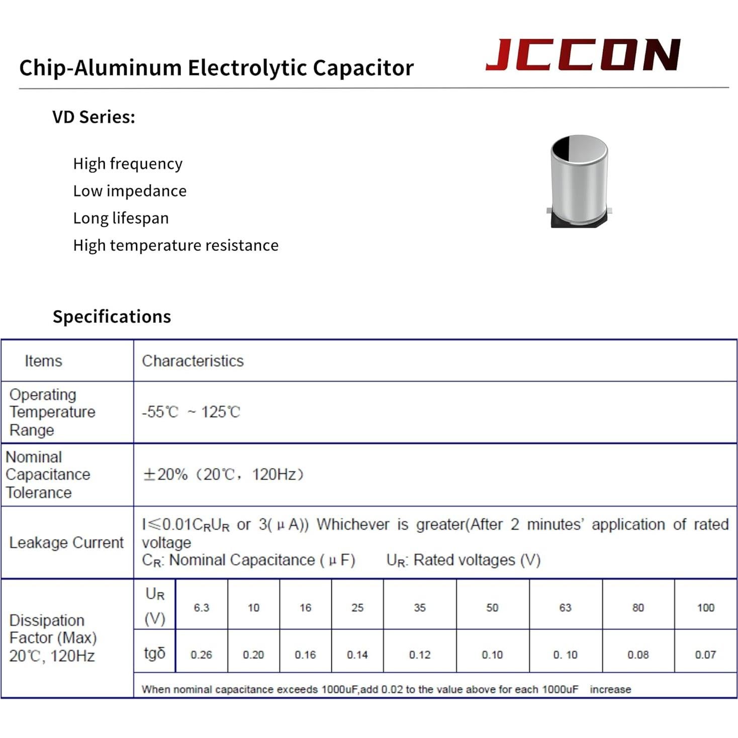 Paquete de 20 Capacitores Electrolíticos JCCON 25V 100uF SMD