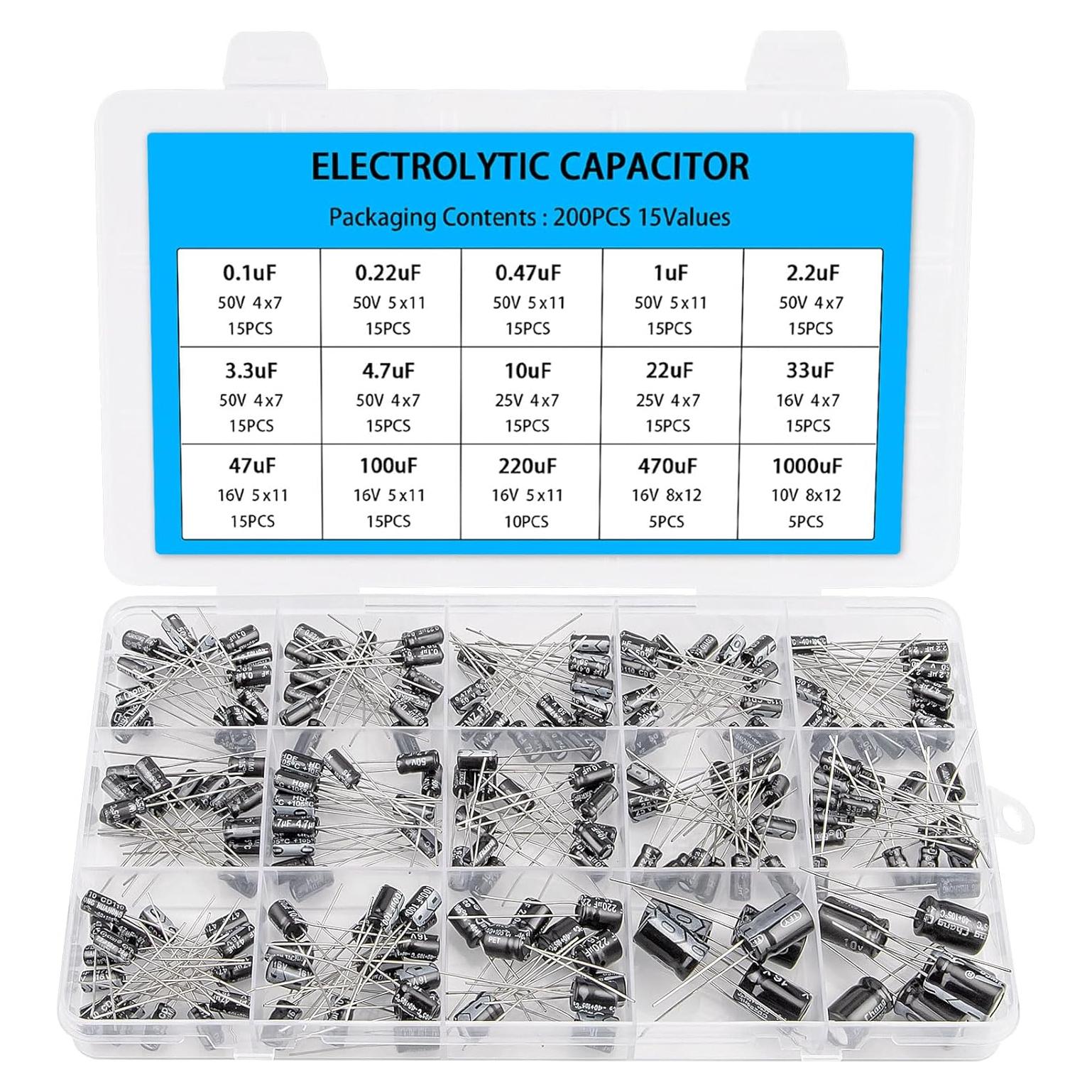 Kit de 200 Capacitores Electrolíticos Aluminio Petutu 0.1uF-1000uF