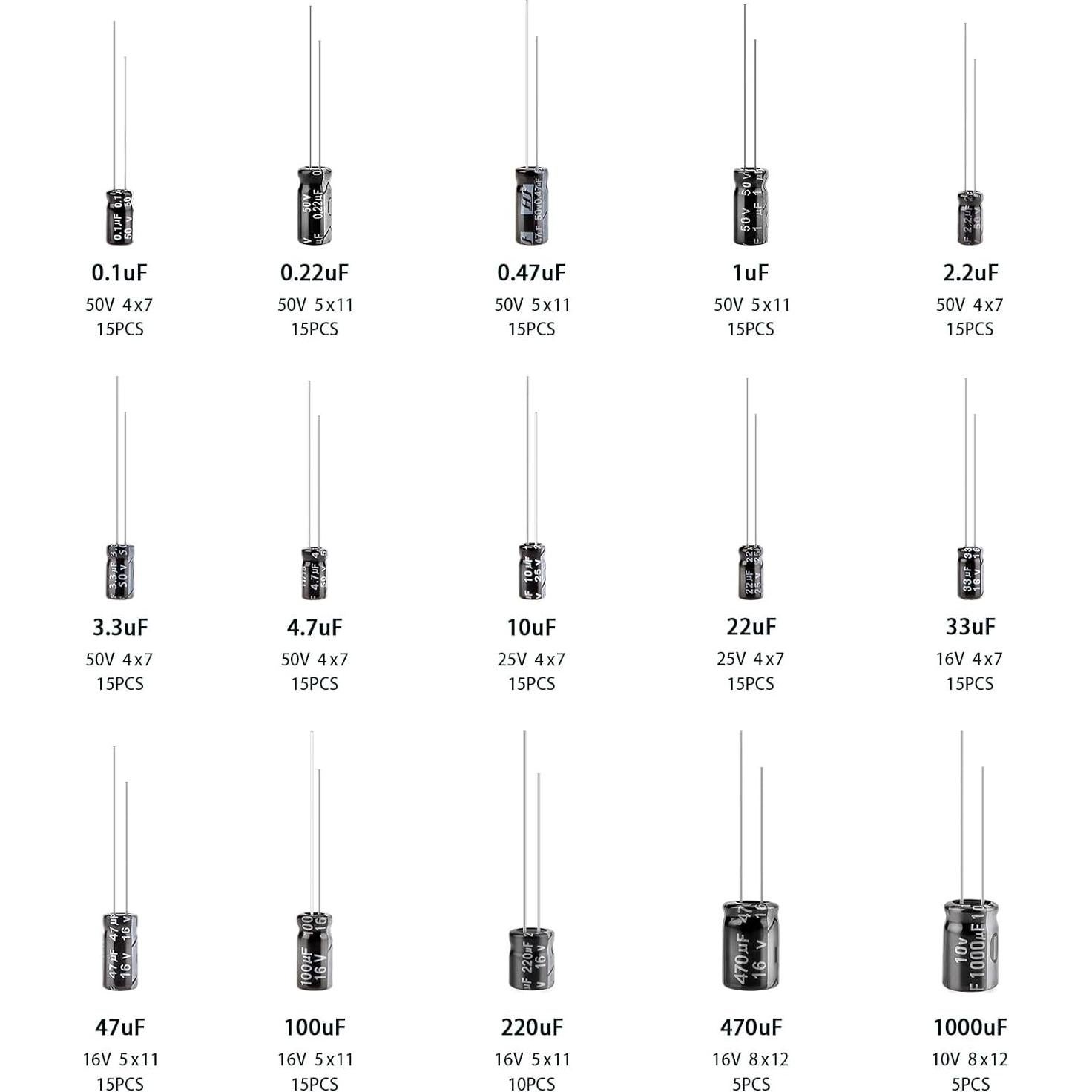 Kit de 200 Capacitores Electrolíticos Aluminio Petutu 0.1uF-1000uF