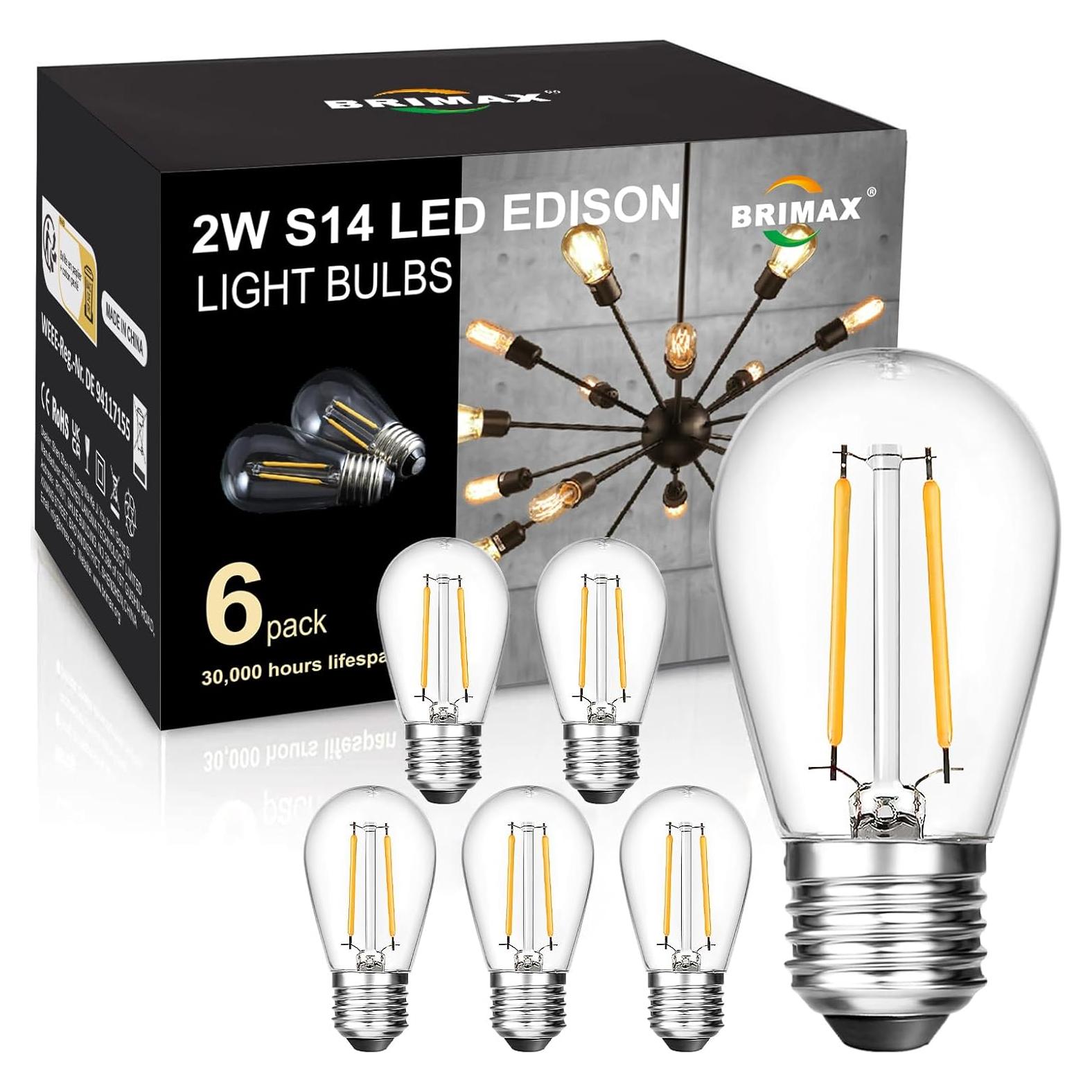 BRIMAX Paquete de 6 Bombillas LED S14 2W E26 2700K Irrompibles