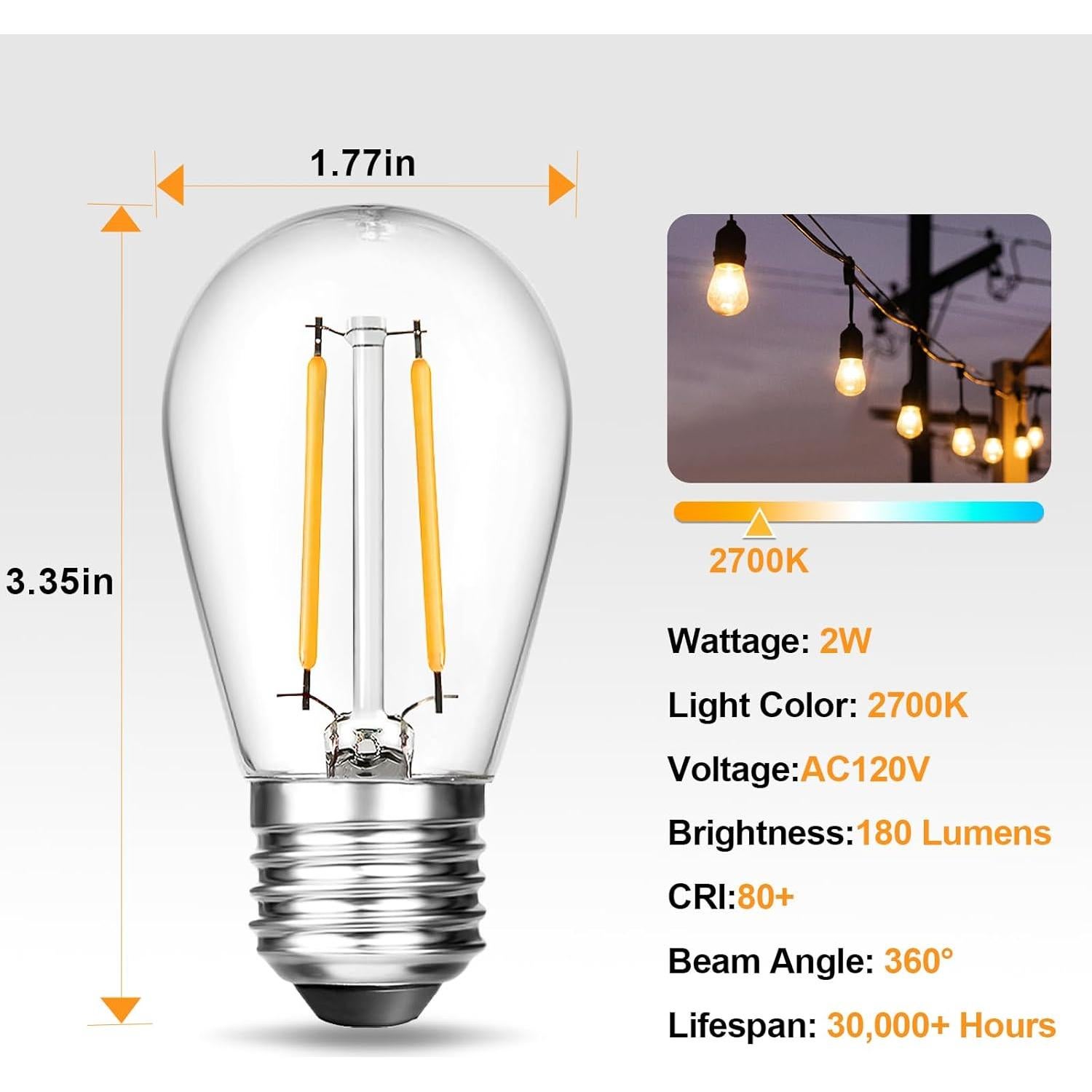 BRIMAX Paquete de 6 Bombillas LED S14 2W E26 2700K Irrompibles