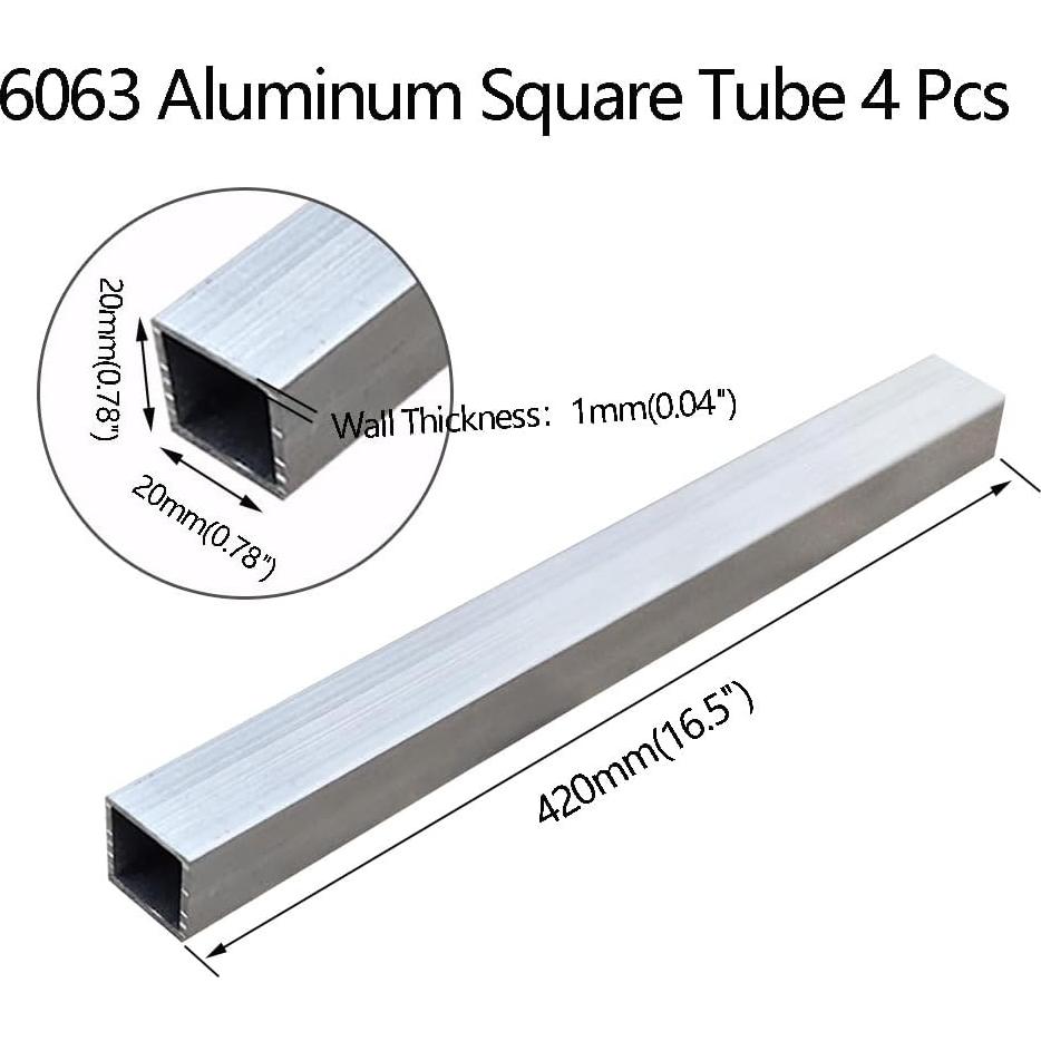 Tubo cuadrado de aluminio 6063 20x20mm 420mm 4 piezas