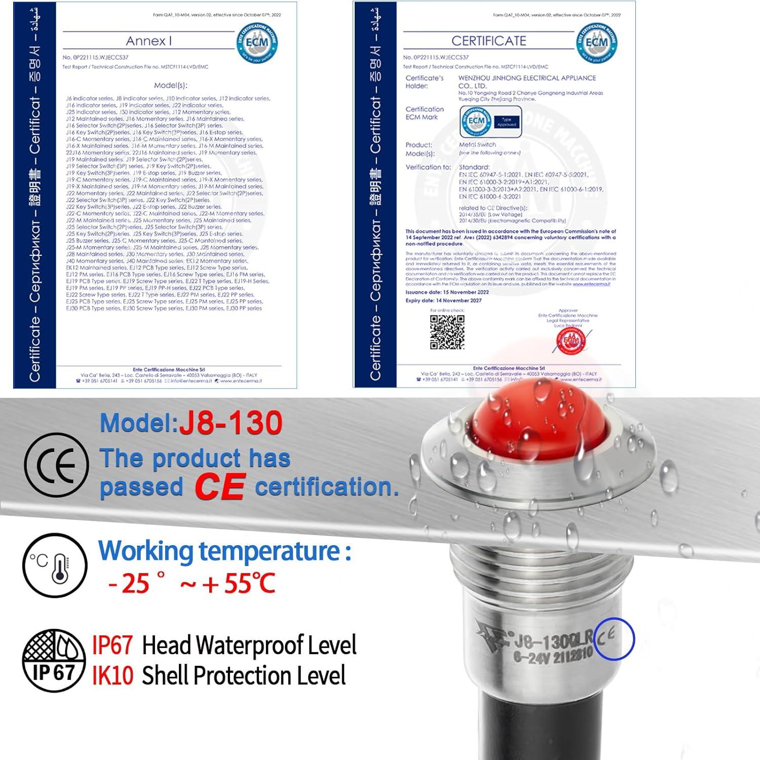 Luz Indicadora LED 8mm ZGSZJHF Acero Inoxidable 12-24V IP67