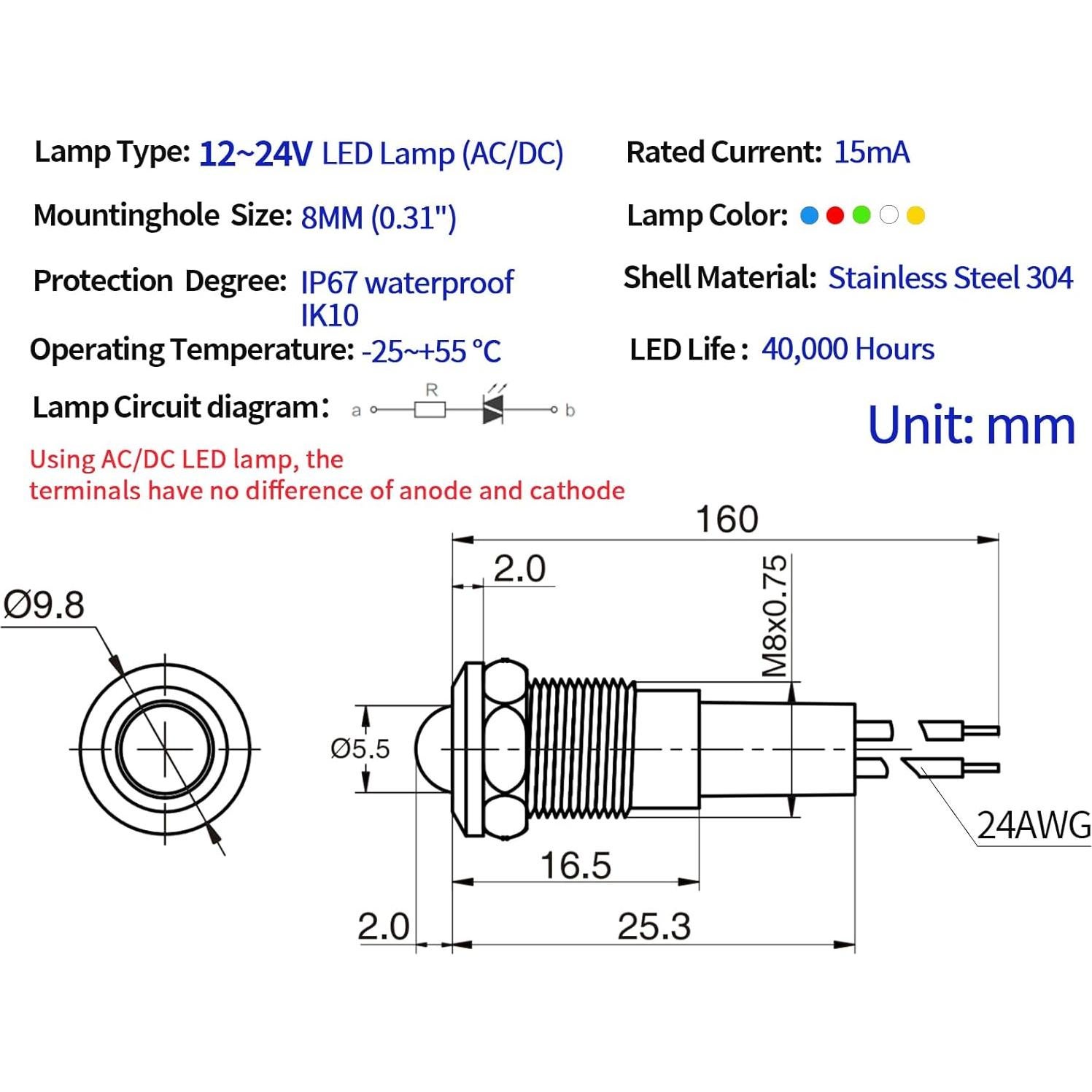 Luz Indicadora LED 8mm ZGSZJHF Acero Inoxidable 12-24V IP67