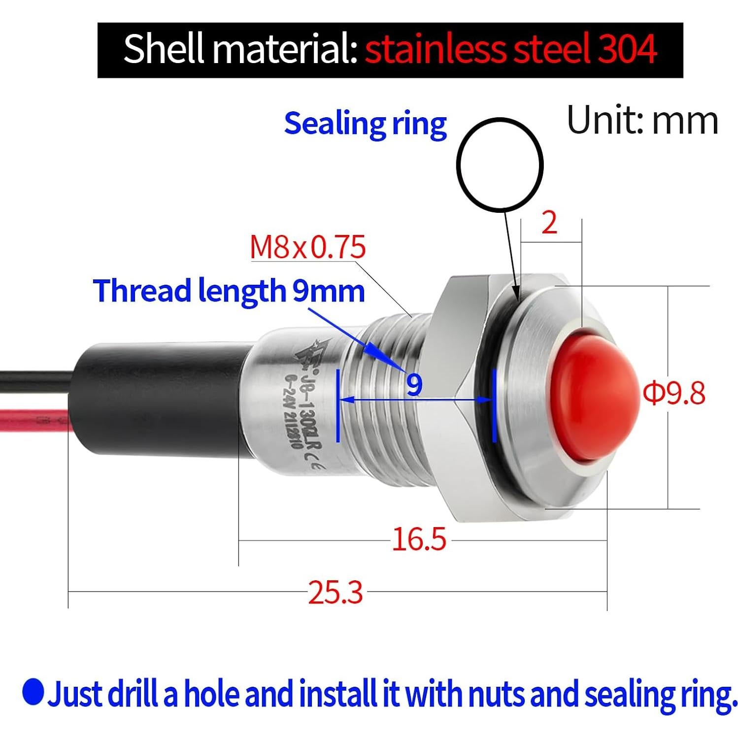 Luz Indicadora LED 8mm ZGSZJHF Acero Inoxidable 12-24V IP67