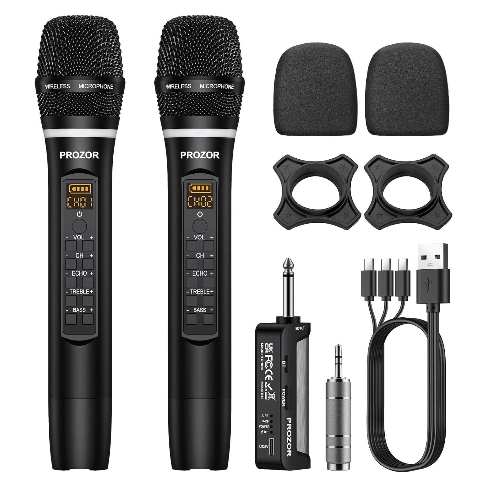 Micrófono Inalámbrico UHF PROZOR Doble de Mano Recargable