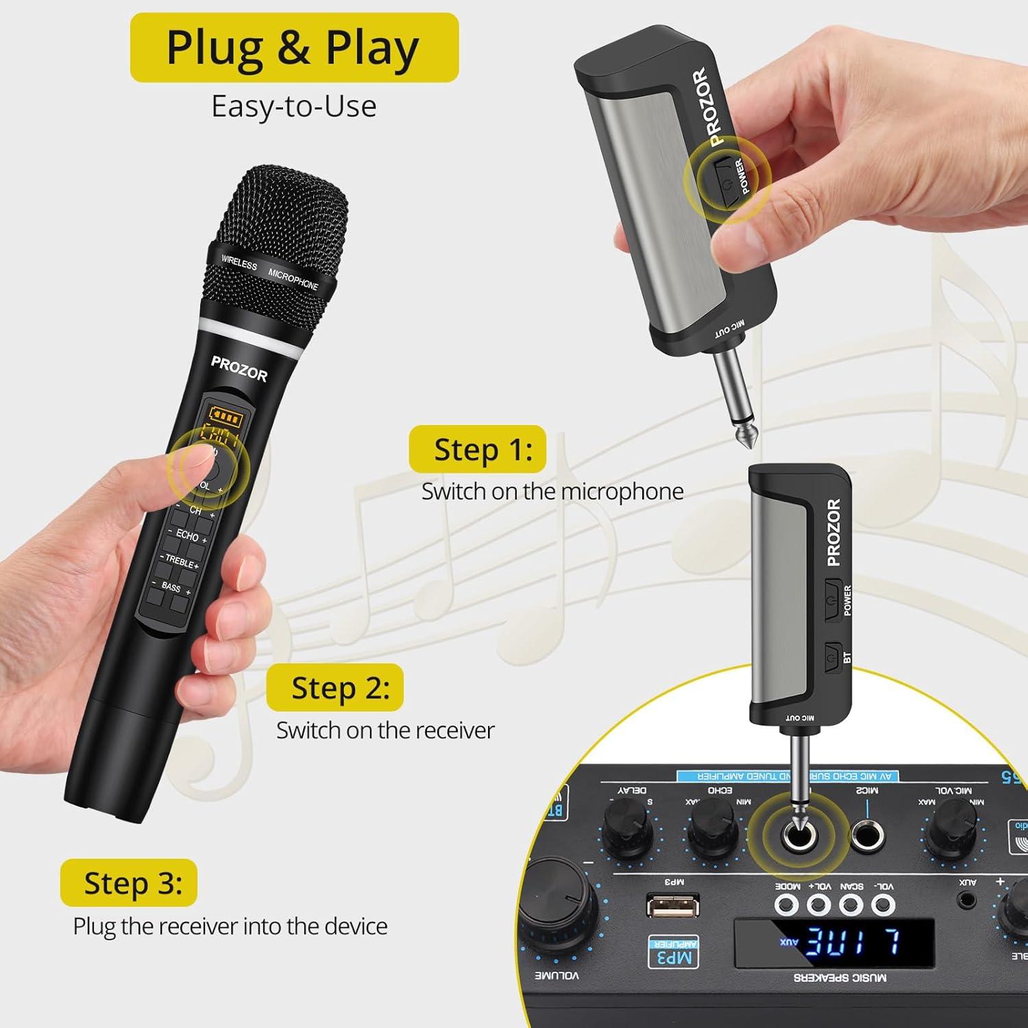 Micrófono Inalámbrico UHF PROZOR Doble de Mano Recargable