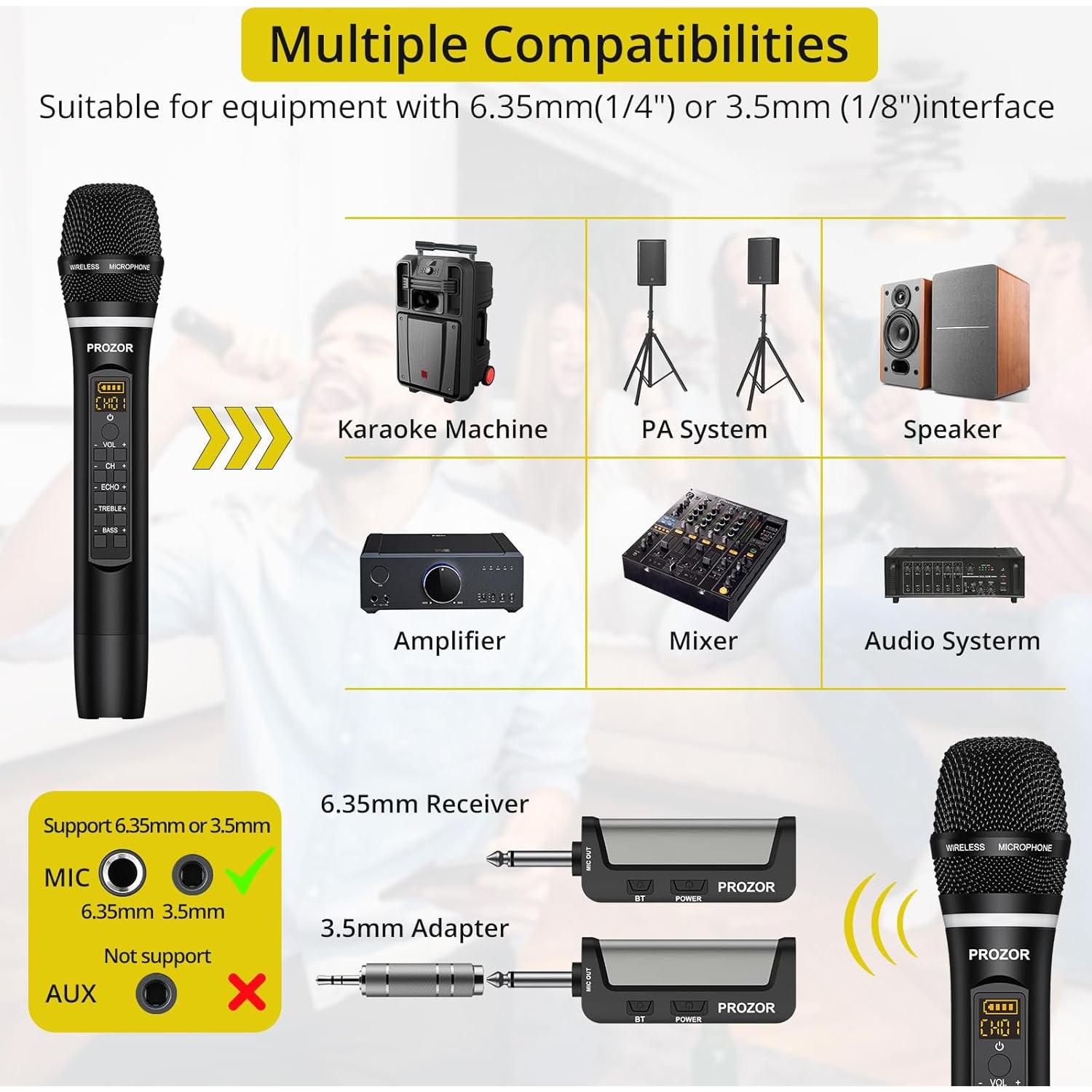 Micrófono Inalámbrico UHF PROZOR Doble de Mano Recargable