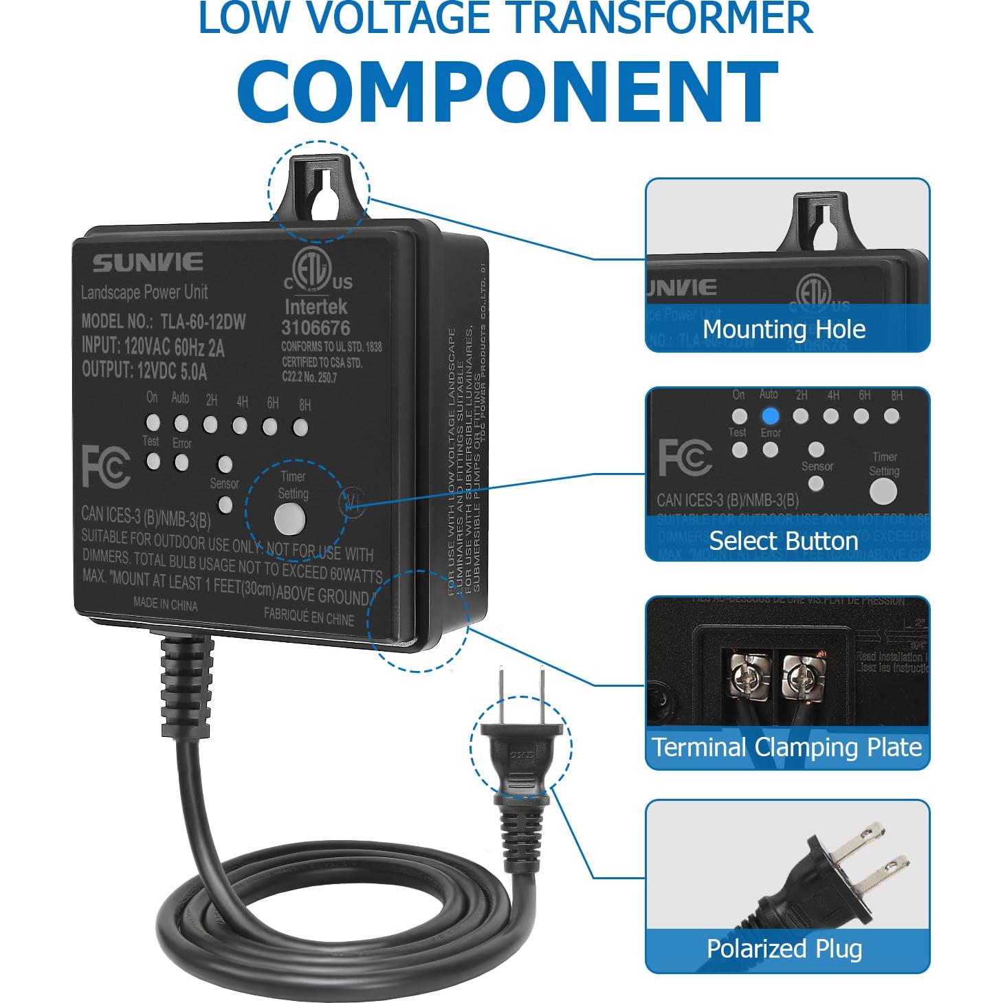 Transformador de Bajo Voltaje SUNVIE 60W con Temporizador y Sensor