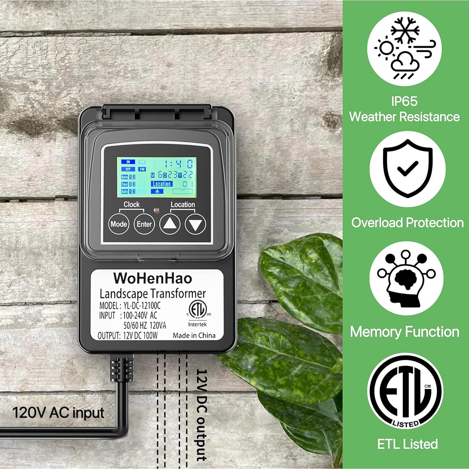 Transformador de Iluminación Wohenhao 100W 12V DC con Temporizador