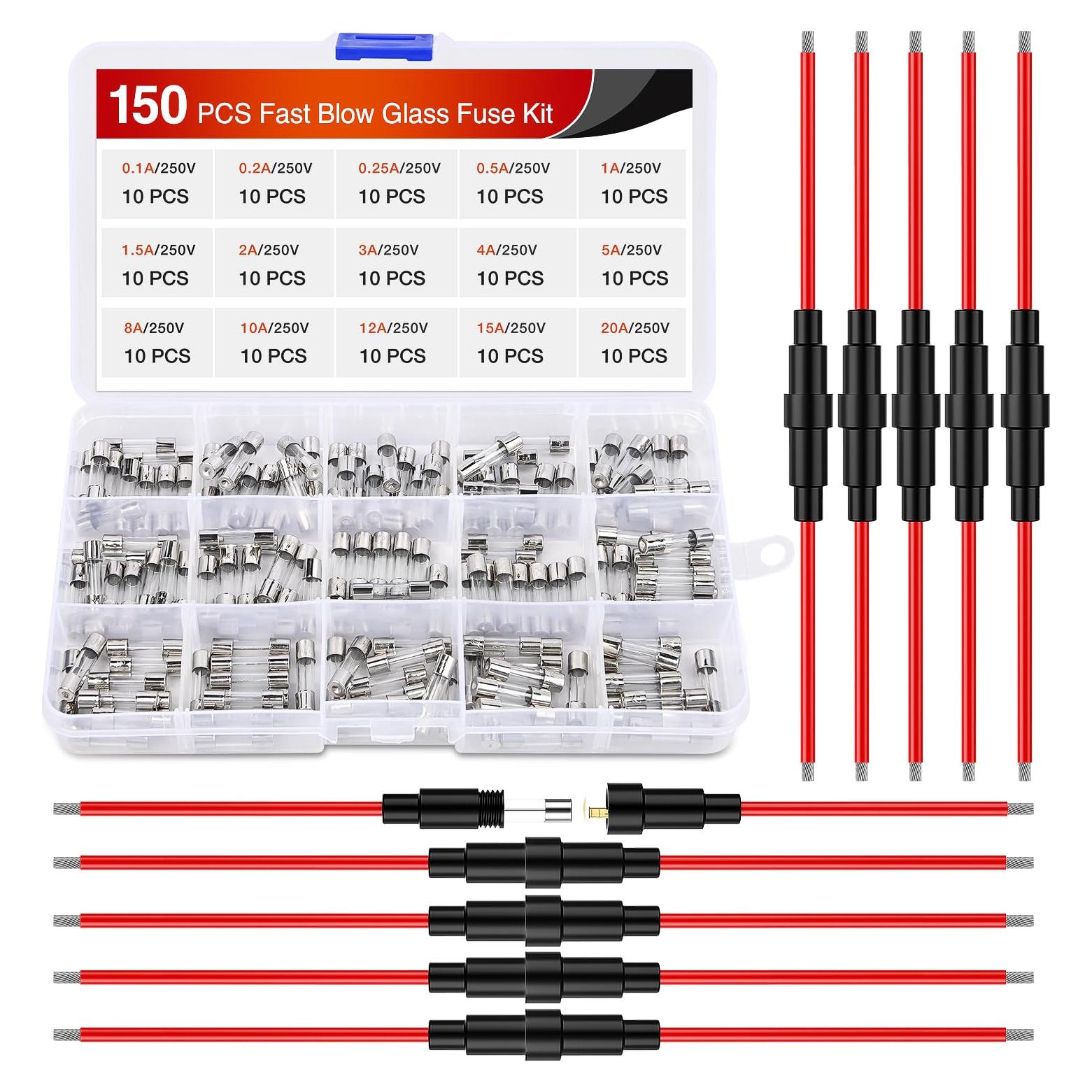 Kit de Fusibles de Vidrio Nilight 150PCS 5x20mm 16AWG 250V