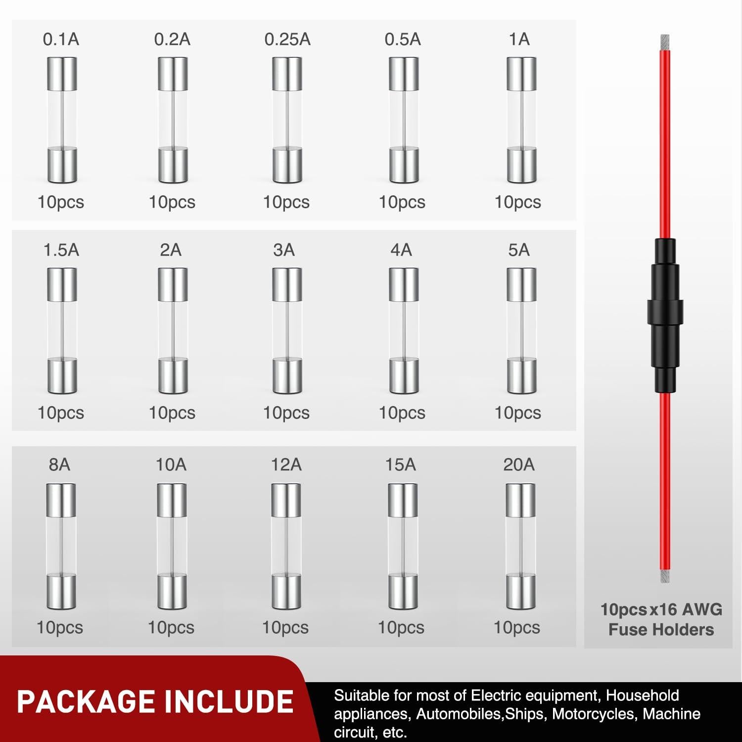 Kit de Fusibles de Vidrio Nilight 150PCS 5x20mm 16AWG 250V