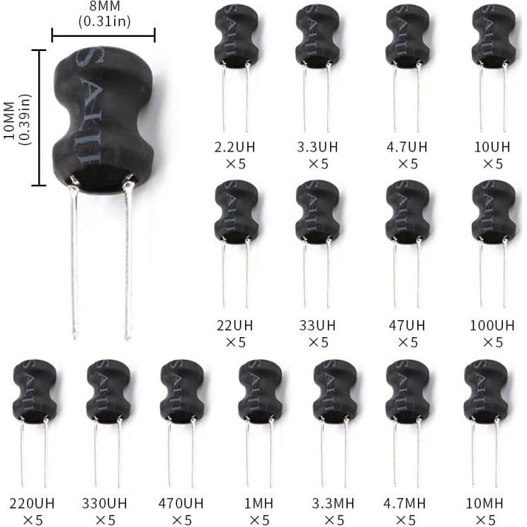 Kit de 75 Inductores Radiales VANXY 2.2uH a 10mH 8x10mm