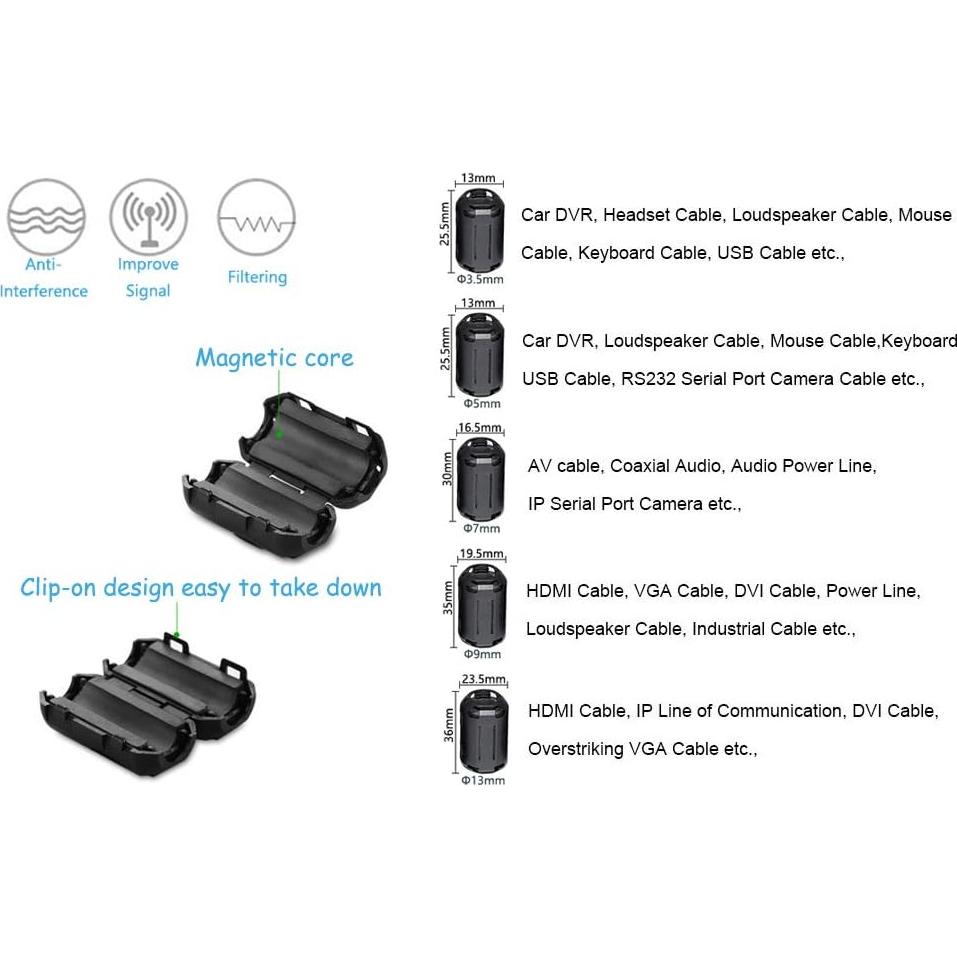 50 Clips Supresores de Ruido Ferrita 3.5mm a 13mm Yarachel