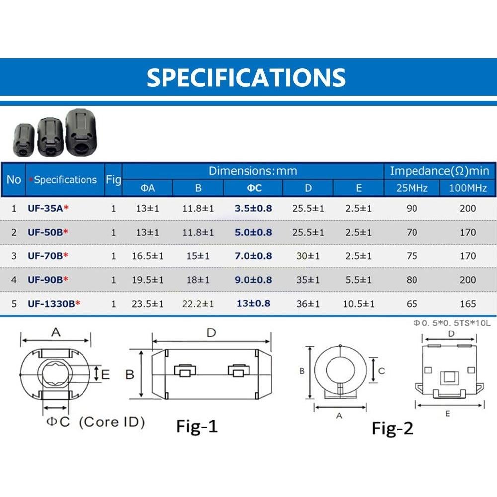 50 Clips Supresores de Ruido Ferrita 3.5mm a 13mm Yarachel