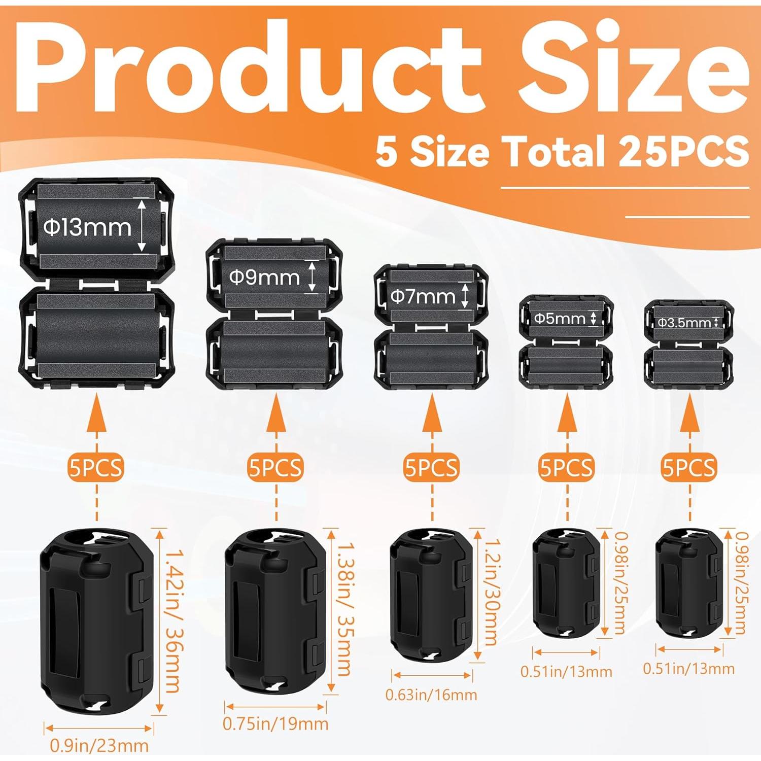 25 Clips de Ferrita COITEK para Supresión de Ruido EMI RFI