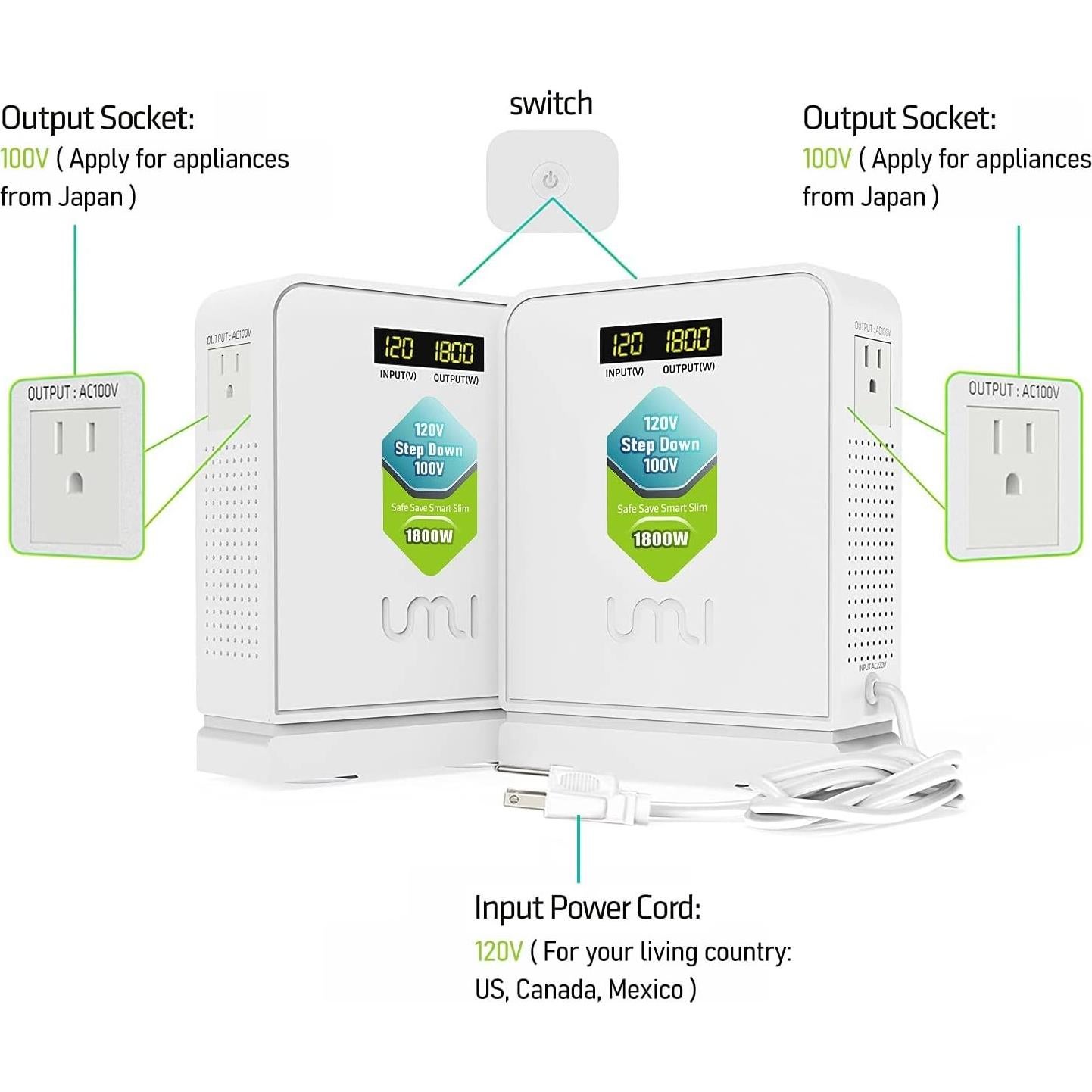 Convertidor de Voltaje UMI 1800W 120V a 100V - Transformador