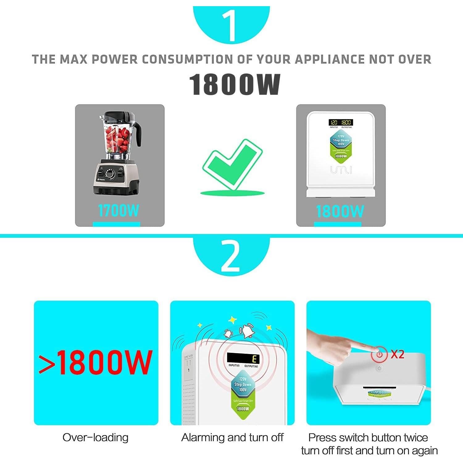 Convertidor de Voltaje UMI 1800W 120V a 100V - Transformador