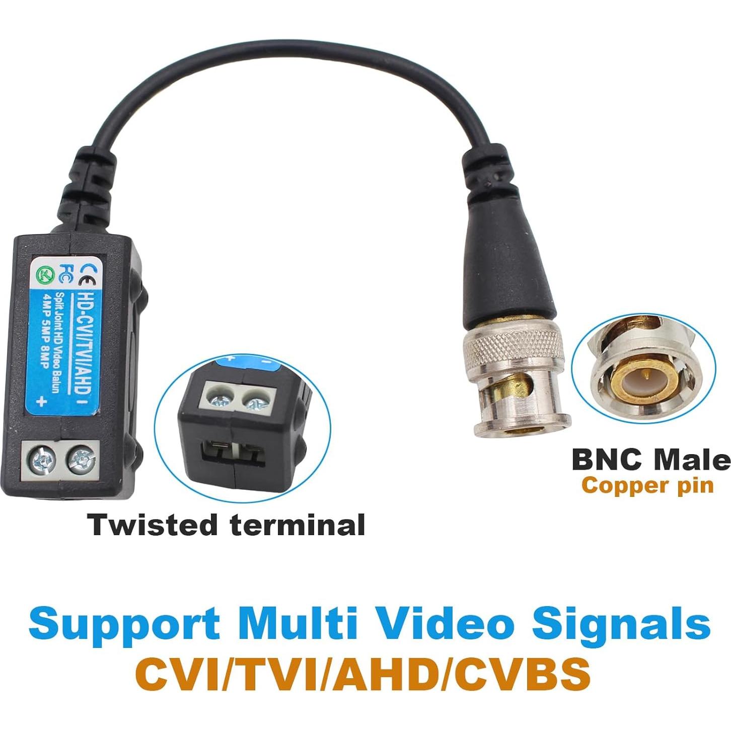 Conector Balun BNC Pasivo Exgoofit para CCTV 720P a 5MP - 2 Pares