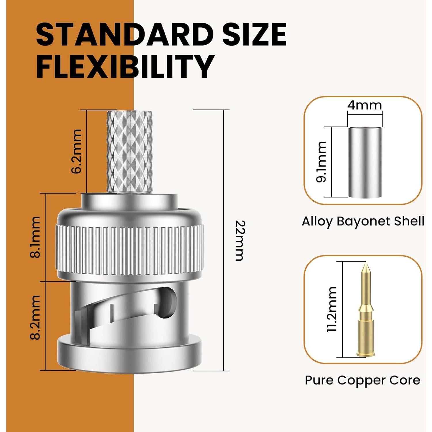 Conector BNC Macho Crimp 50 Ohm ZDRU para RG58 RG142 LMR195 - 10 Pcs
