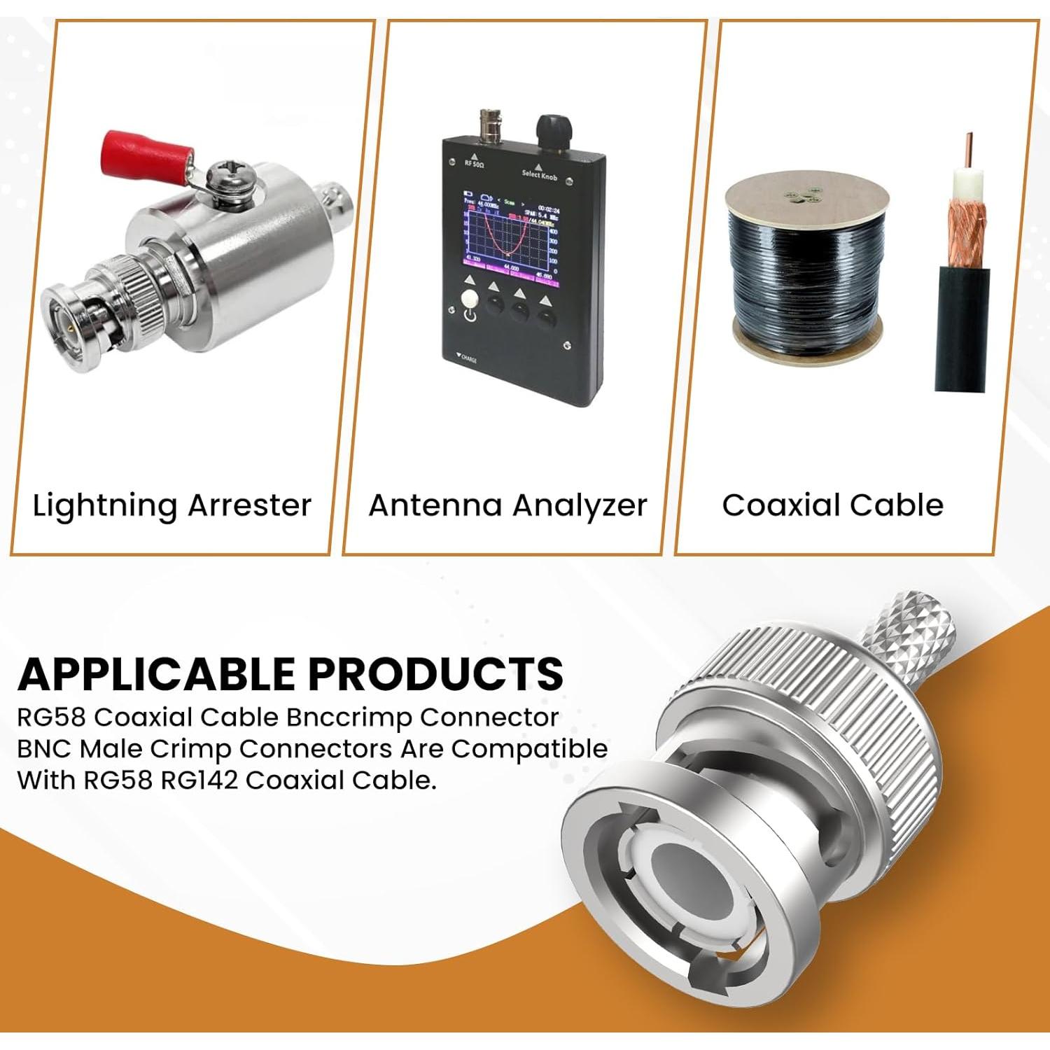 Conector BNC Macho Crimp 50 Ohm ZDRU para RG58 RG142 LMR195 - 10 Pcs