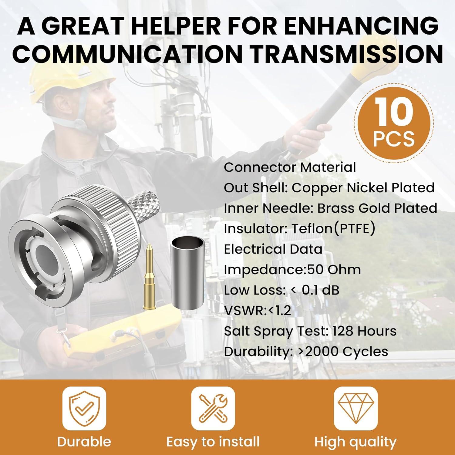 Conector BNC Macho Crimp 50 Ohm ZDRU para RG58 RG142 LMR195 - 10 Pcs