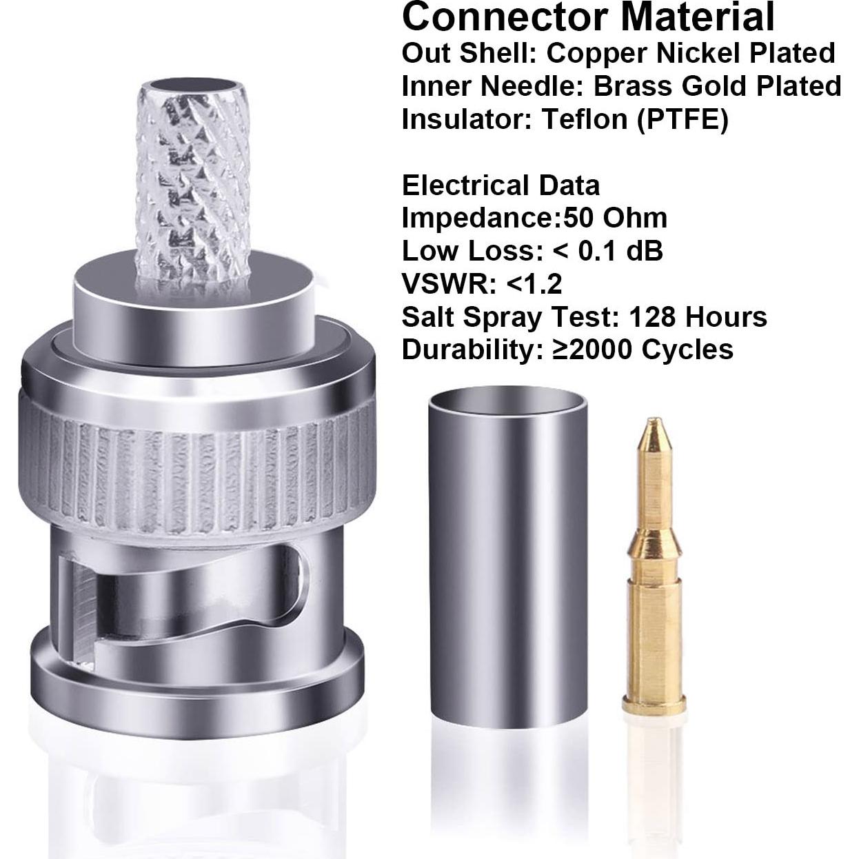 16 Conectores BNC Macho Crimp 50 Ohm para Cable Coaxial