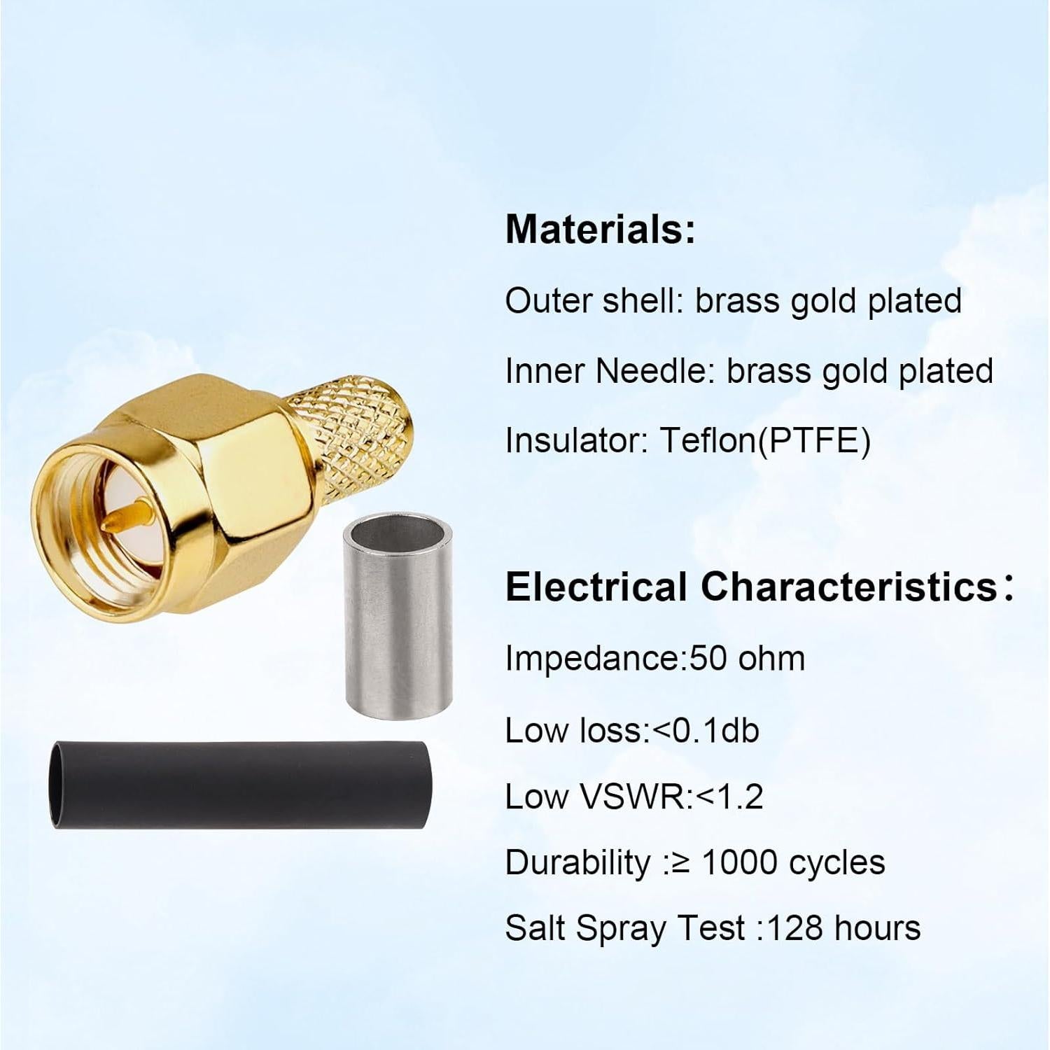 Conector Crimp SMA Macho 50 Ohm para Cable Coaxial RG58 RG142 RG400 - Paquete de 10