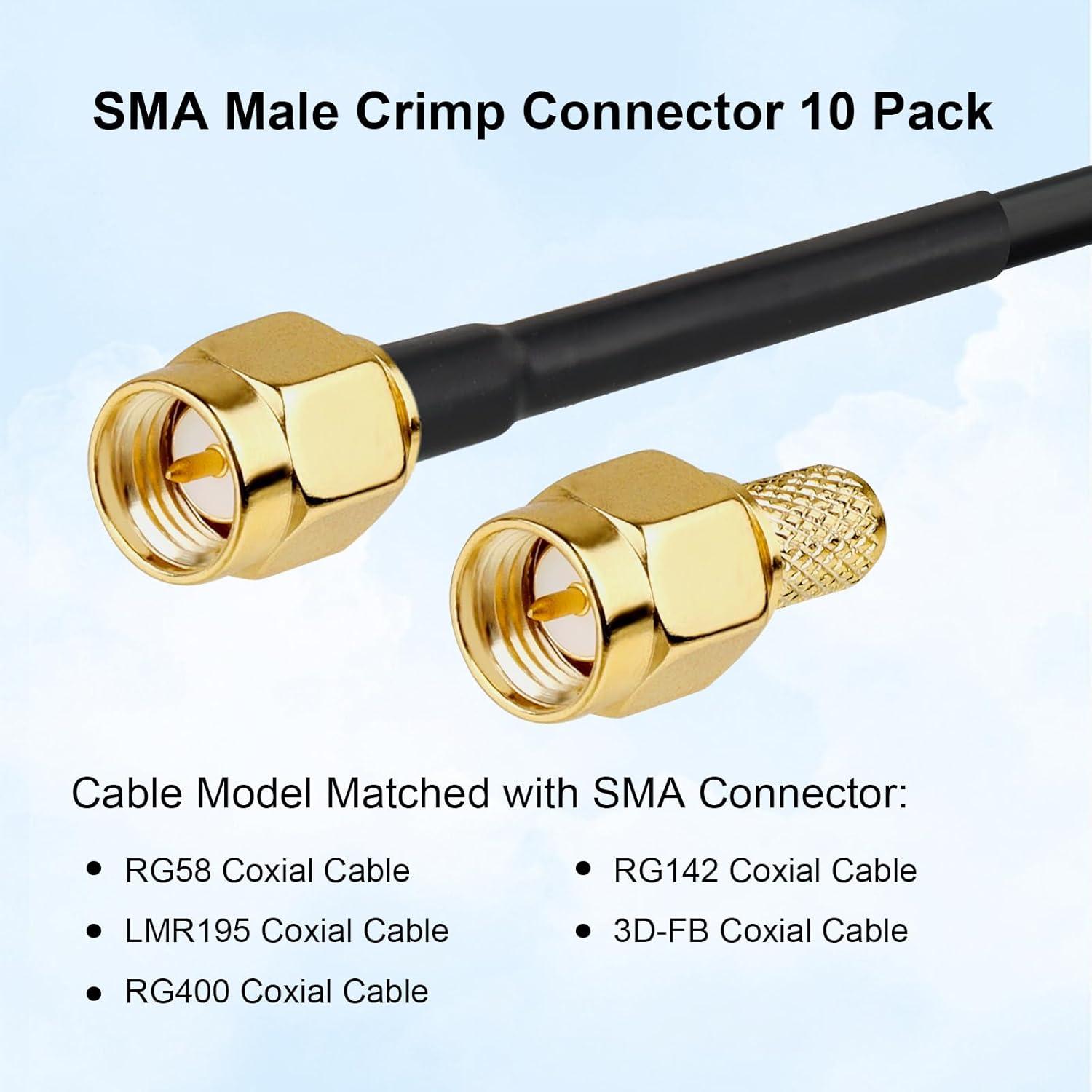 Conector Crimp SMA Macho 50 Ohm para Cable Coaxial RG58 RG142 RG400 - Paquete de 10