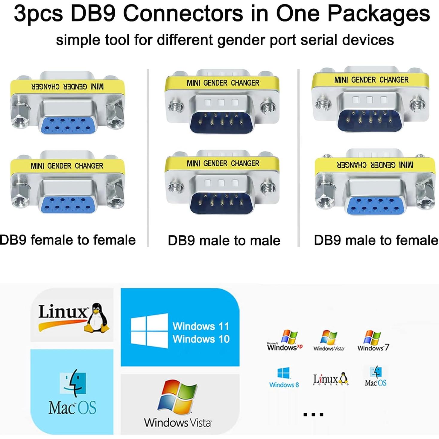 Adaptador Serial DTECH 3-Pack DB9 F-F M-F M-M RS232 Mini