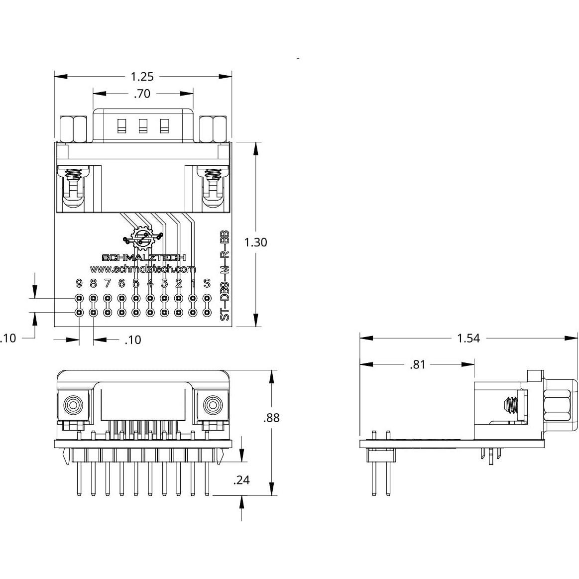Placa de Desglose Macho DB9 SchmalzTech ST-DB9-M-R-BB
