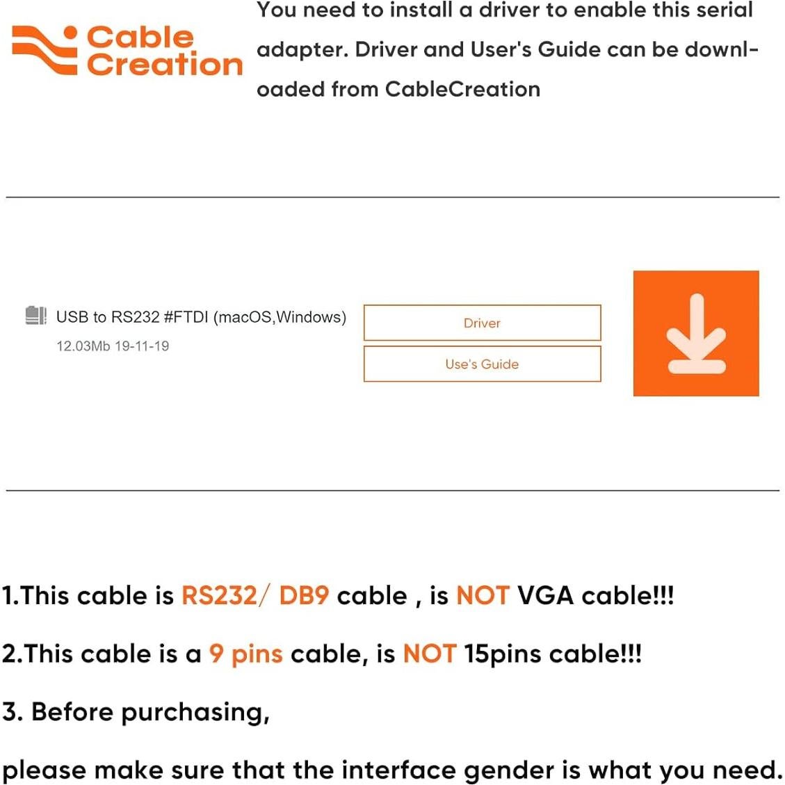 Cable USB a RS232 CableCreation 0.91m DB9 Macho - Paquete de 3
