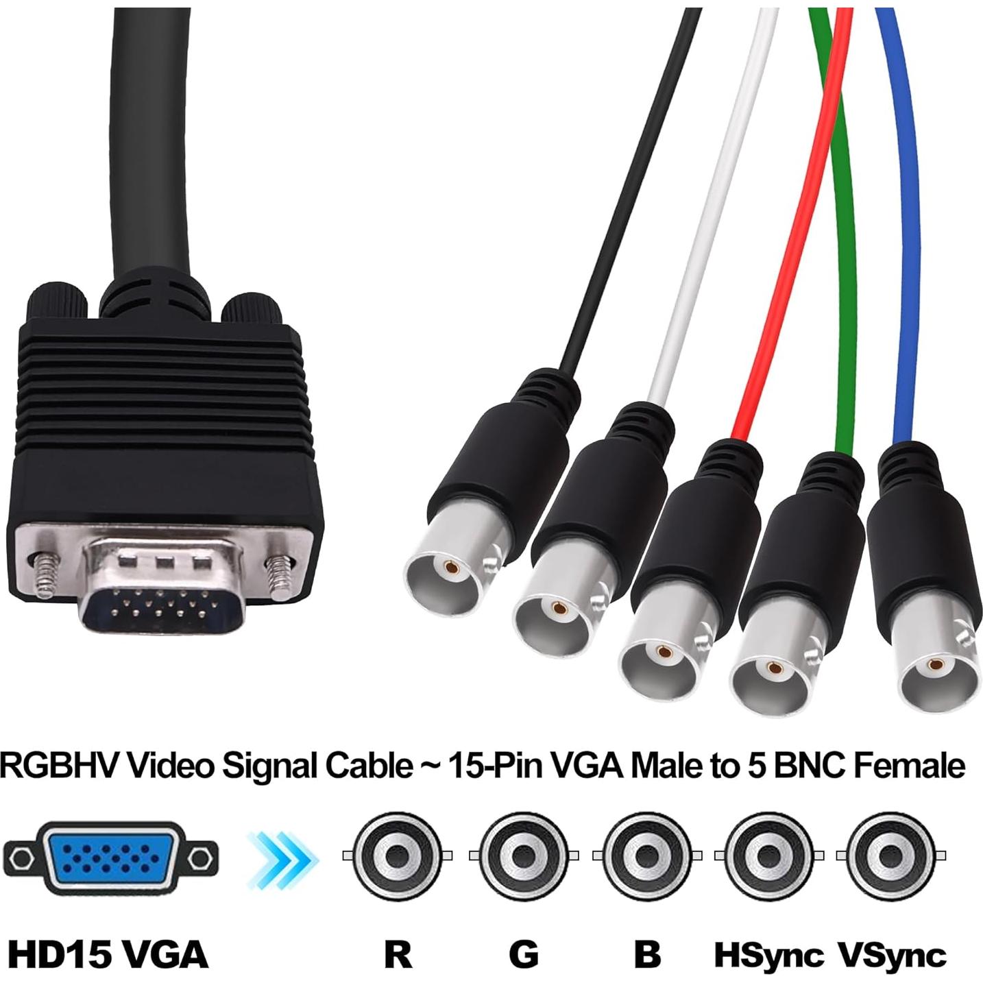 Cable VGA a 5 BNC 1.5M HUAXU - Adaptador RGBHV para HDTV