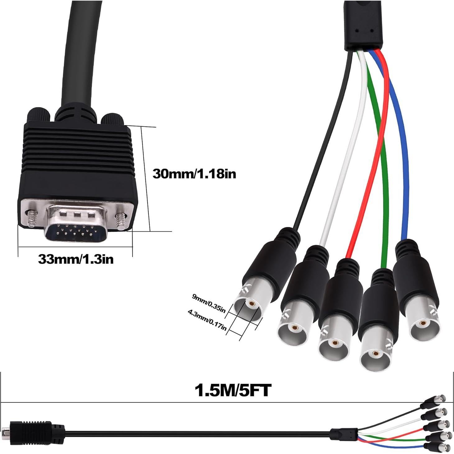 Cable VGA a 5 BNC 1.5M HUAXU - Adaptador RGBHV para HDTV