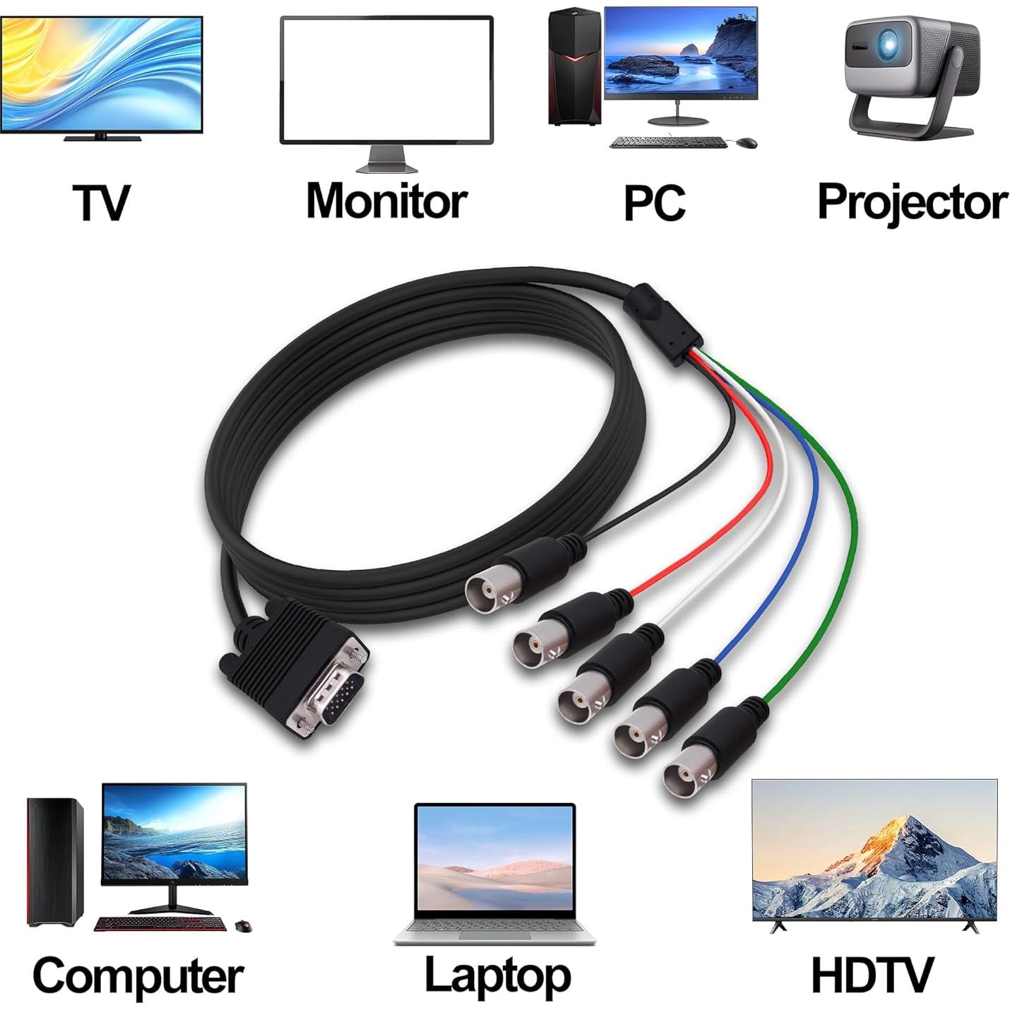 Cable VGA a 5 BNC 1.5M HUAXU - Adaptador RGBHV para HDTV