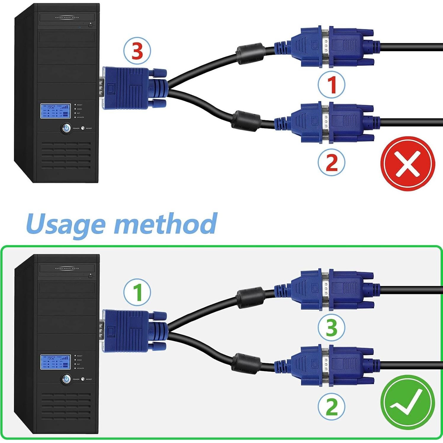Cable Divisor VGA 1 Macho a 2 Hembras 33cm Duplicador de Pantalla