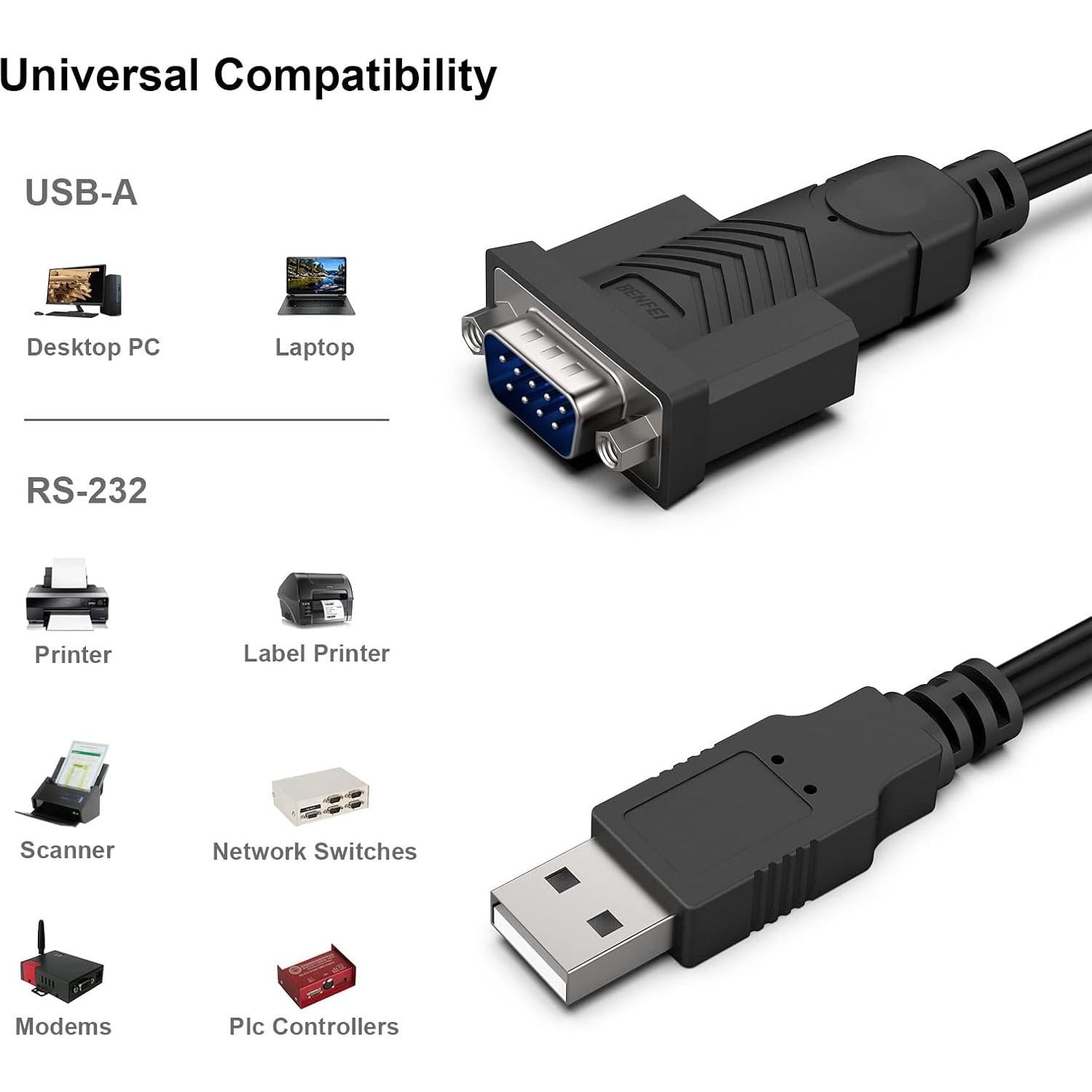 Adaptador USB a Serial BENFEI 1.83m RS-232 Macho DB9