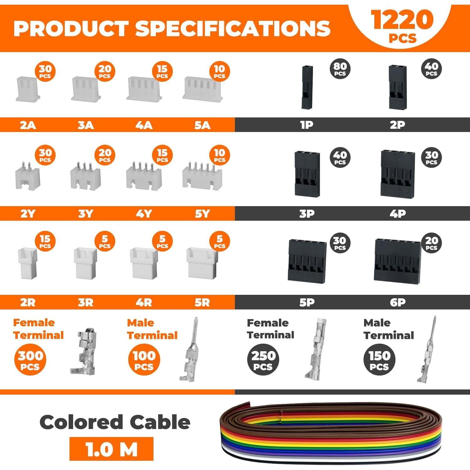 Kit de Crimpado Noxtren 1220 Piezas JST-XH 2.5mm y 2.54mm